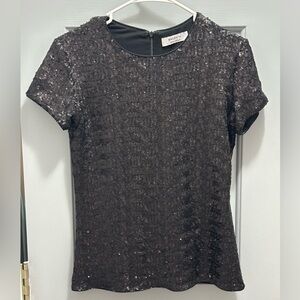 Bailey 44 Womens Sequin Round Neck Short Sleeve Zip Up Blouse Top Black Medium